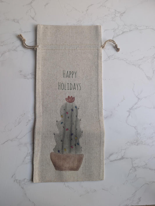 Christmas Wine Bag, Holiday Wine Bottle Gift Bag, Linen Wine Tote, Hanukkah Wine Bag