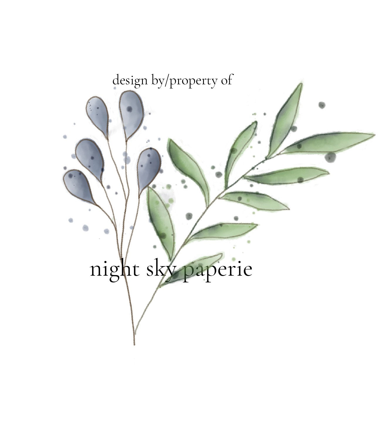 Decorative design with leaves and text 'night sky paperie' on a white background