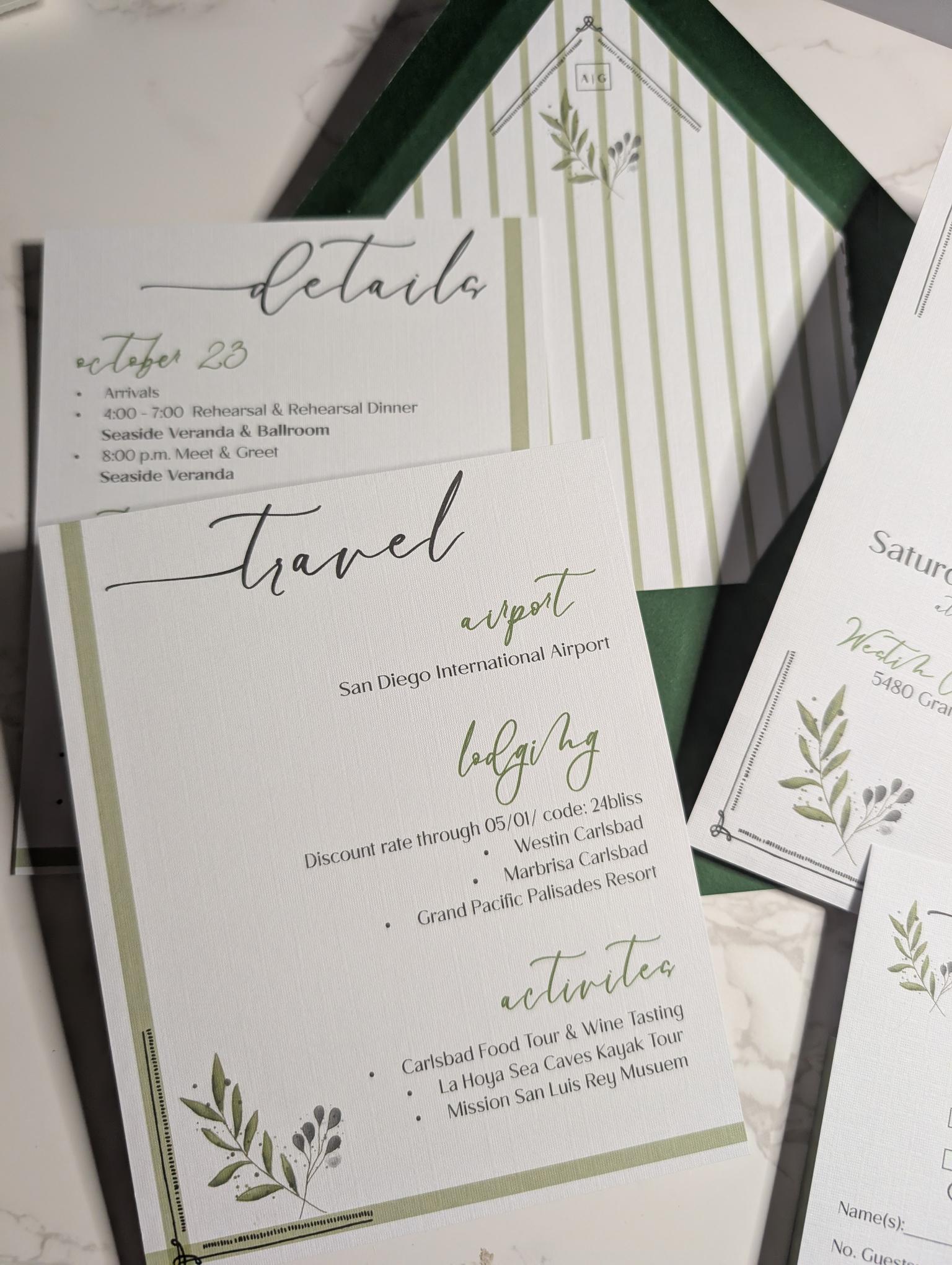 Wedding invitation details card with green accents on a white surface