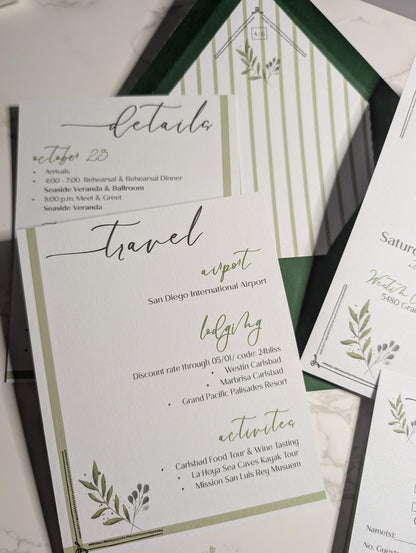 Wedding invitation details card with green accents on a white surface