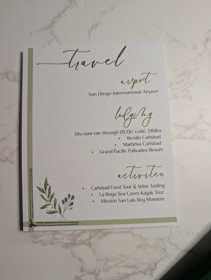 Travel itinerary card for San Diego International Airport with green accents on a marble surface
