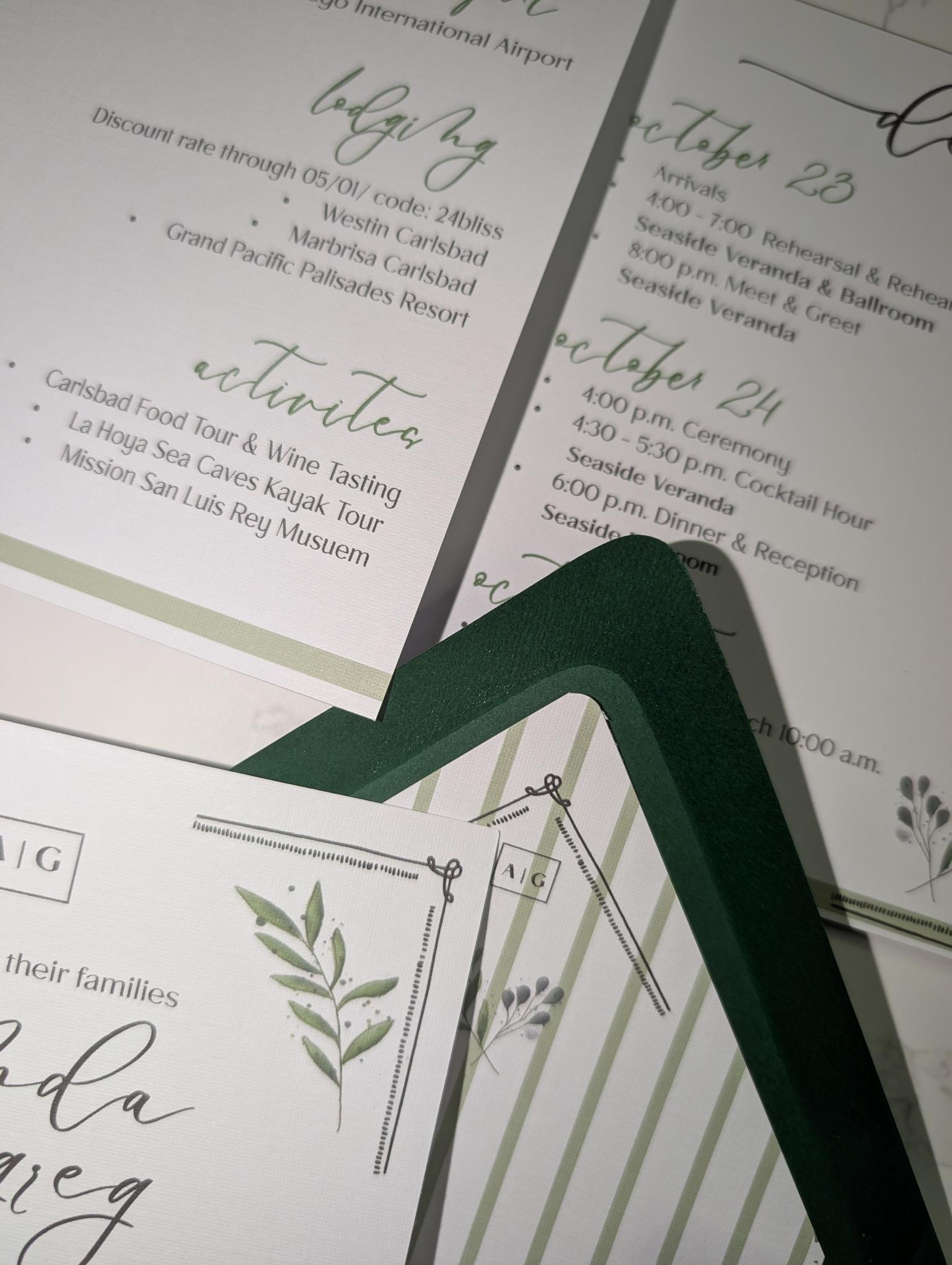 Green and white invitation cards with text and decorative elements.