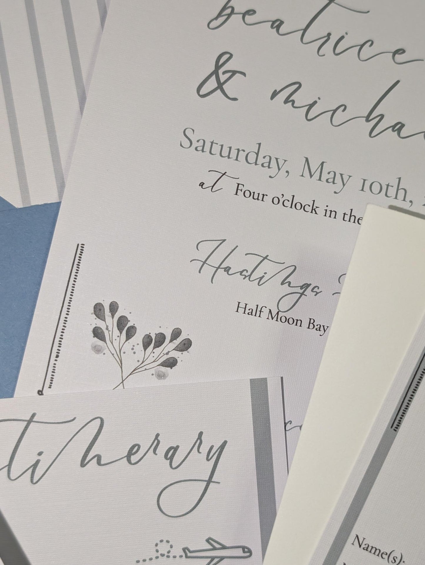 Invitation card with text and floral design on a white background