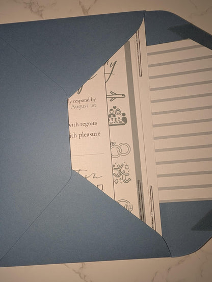 Decorative card with text and graphics on a blue envelope