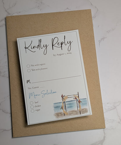 Invitation card with RSVP and menu options on a marble surface