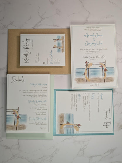 Set of wedding invitations on a marble surface