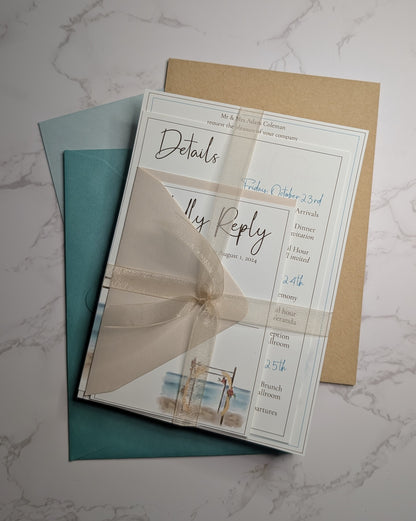 Wedding invitation with envelopes on a marble surface