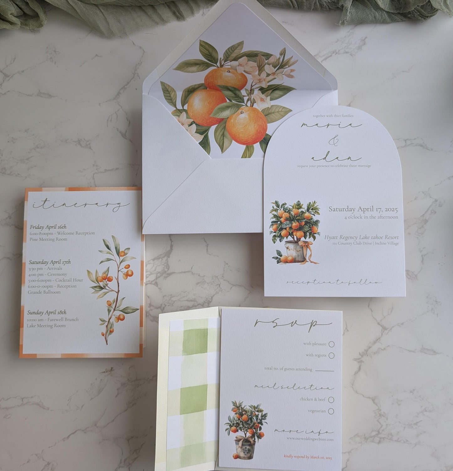 Orange Citrus Wedding Invitation Suite |  7 pc. suite | Semi-Custom