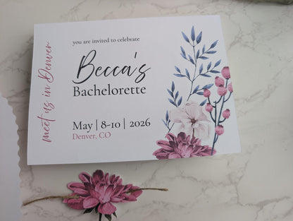 Bachelorette party invitation with floral design on a marble surface