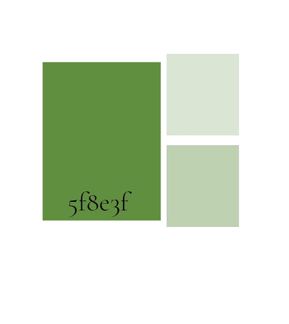 Three green color swatches with a hexadecimal code on a white background