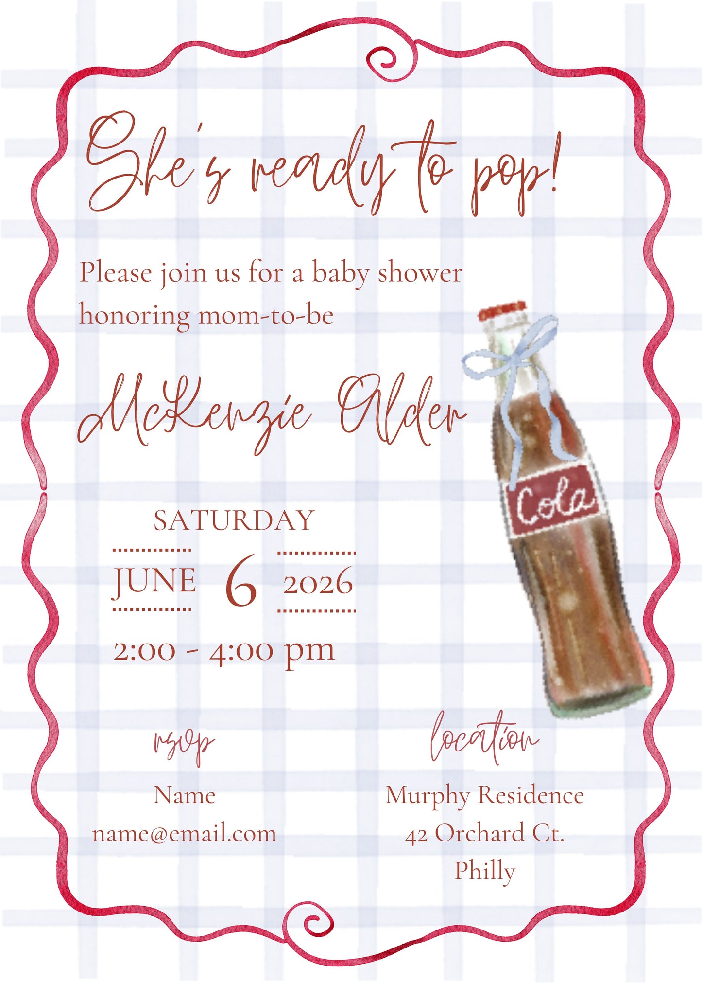 A baby shower invitation card with a white and light blue gingham background, featuring a red wavy border, cursive text, and an illustration of a vintage Coca-Cola bottle.