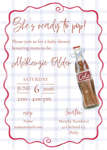 A baby shower invitation card with a white and light blue gingham background, featuring a red wavy border, cursive text, and an illustration of a vintage Coca-Cola bottle.