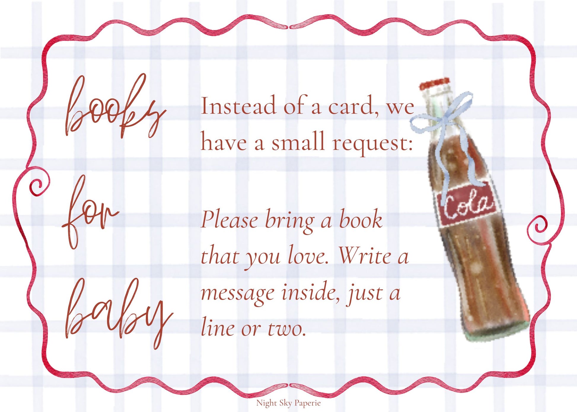 A baby shower invitation card with a white and light blue gingham background, featuring a red wavy border. The text reads 'books for baby' and 'Instead of a card, we have a small request: Please bring a book that you love.
