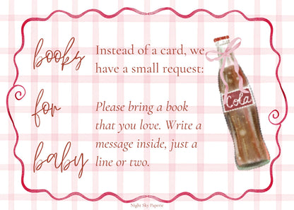 A baby shower invitation card with a pink and white gingham background, featuring a wavy pink border and text that reads, 'Instead of a card, we have a small request: Please bring a book that you love. Write a message inside, just a line or two.
