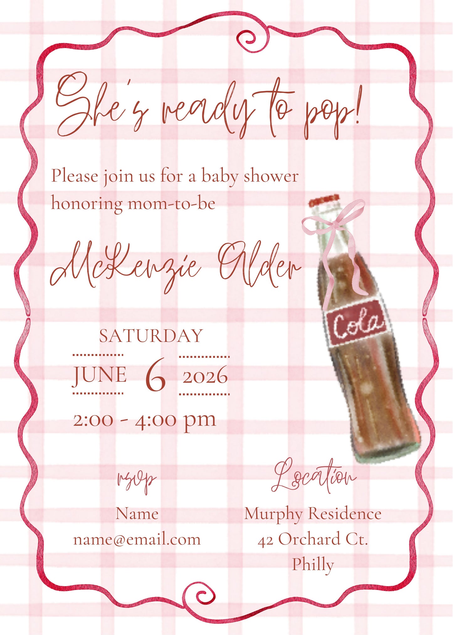 A baby shower invitation card with a pink and white gingham background, featuring a pink decorative border, cursive text reading 'She's ready to pop!' and event details, plus an illustration of a vintage Coca-Cola bottle.