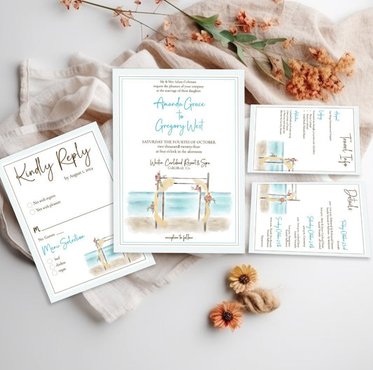 Set of beach-themed wedding invitations with RSVP card and details on a light background.