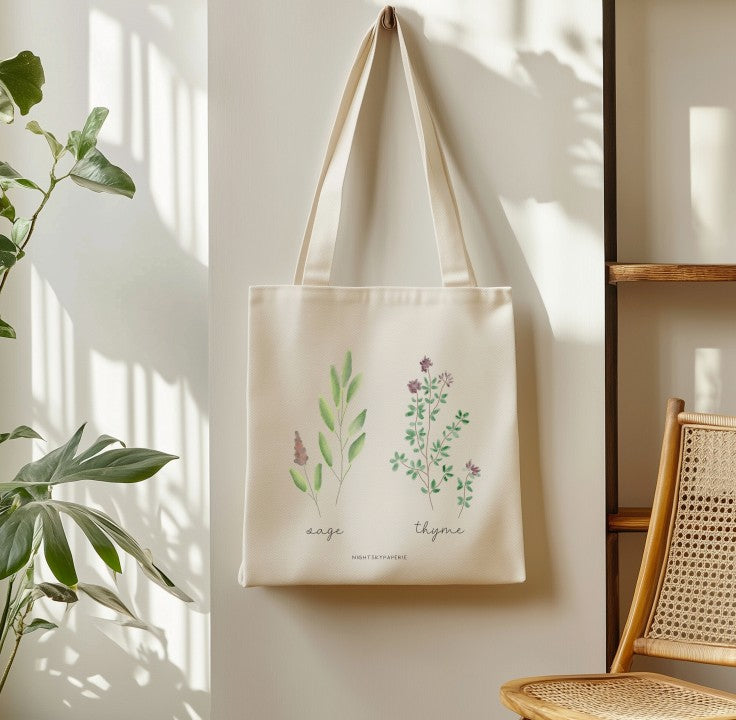 An off-white canvas tote bag with long handles hangs on a wall in a sunlit room. The bag features watercolor-style botanical illustrations of sage and thyme with the words 'sage' and 'thyme' printed below.