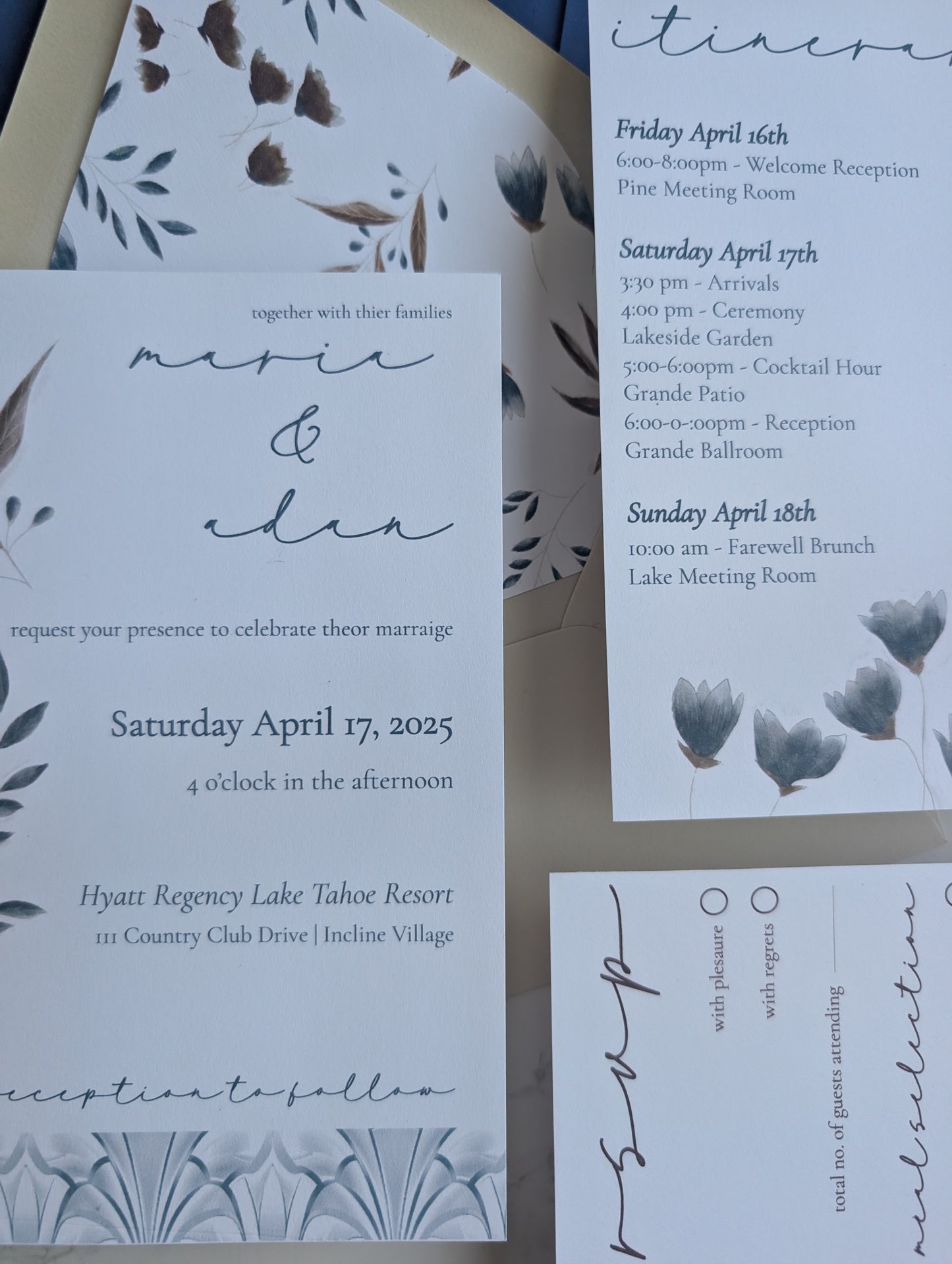 Wedding invitation card with floral design and event details.