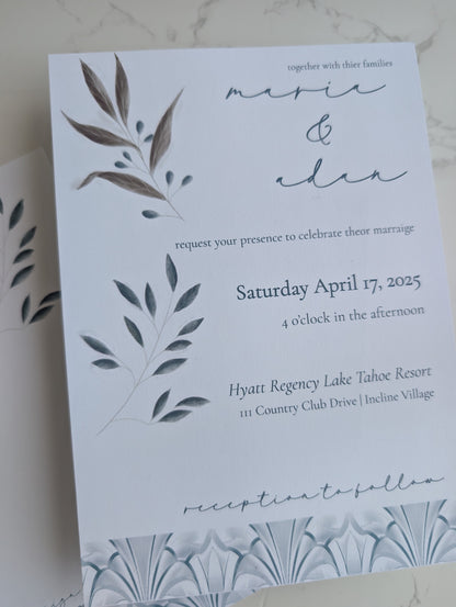 Wedding invitation card with leaf designs on a white background